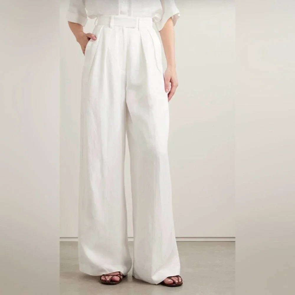 ANINE BING Lou pleated woven wide-leg pants Ivory‎ white Linen Blend size 2 NWT